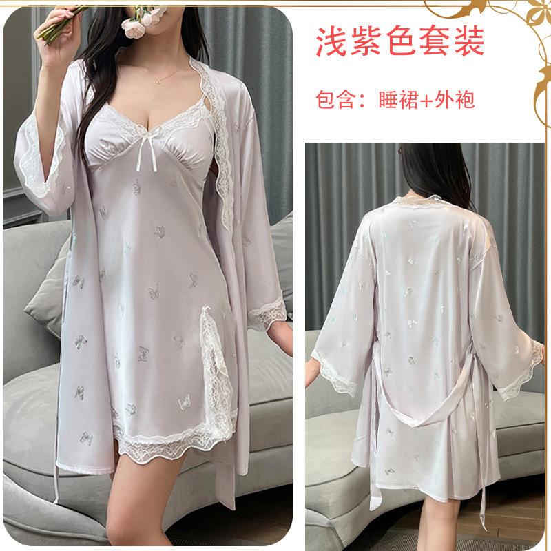 Ice Silk Pajamas Female Butterfly Print Suspender Chest Pad Comfortable Nightdress Fairy Loungewear Set
