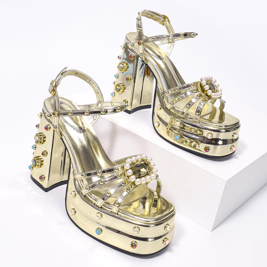Fashion Black Punk Platform High - Heel Sandals | Pearl, Rhinestone & Rivet - Decorated Edgy Style