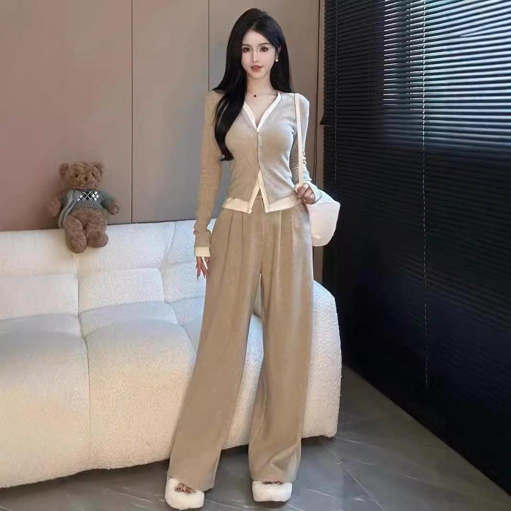 2024 Frühling/Herbst V-Ausschnitt Zweiteiler: Lässiger Stil Top & Schmale Weitbein-Hose