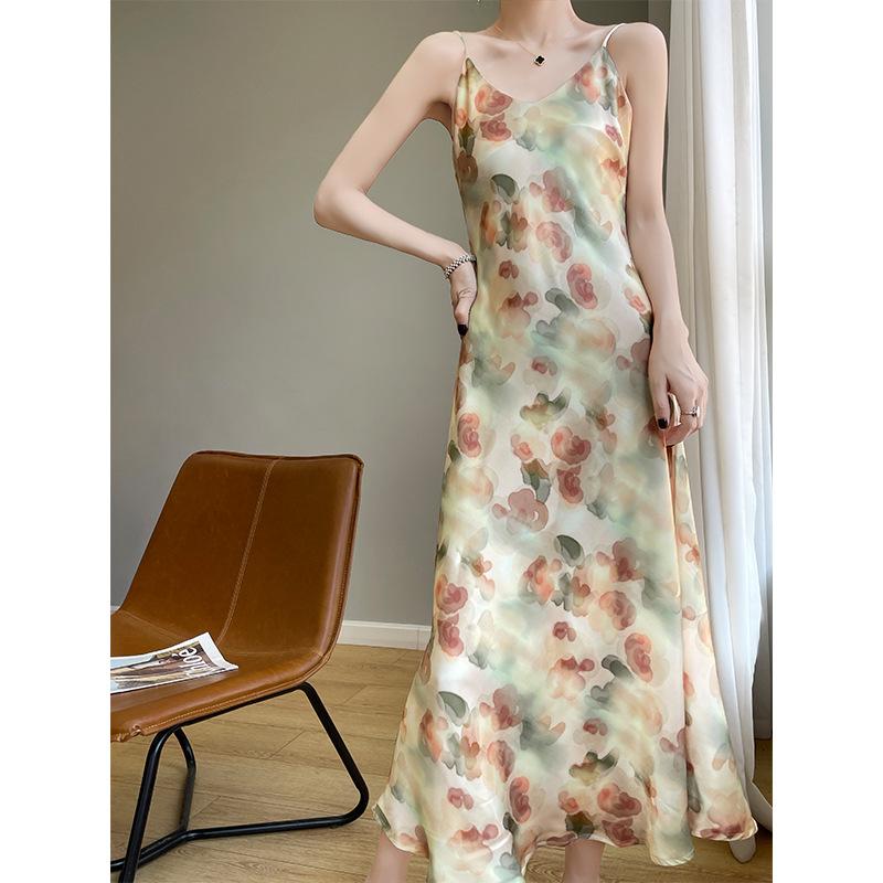 Women's Summer V-neck Halter Dress Silk Halter Dress Temperament Sexy Mid-length Dress