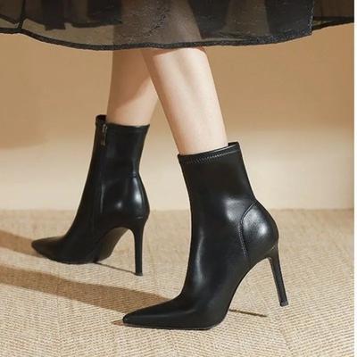 2024 Autumn Women Ankle Boots Sexy Pointed Toe High Heels Pumps Fashion Zip Slimming Chelsea Booties Female Stiletto Shoes
