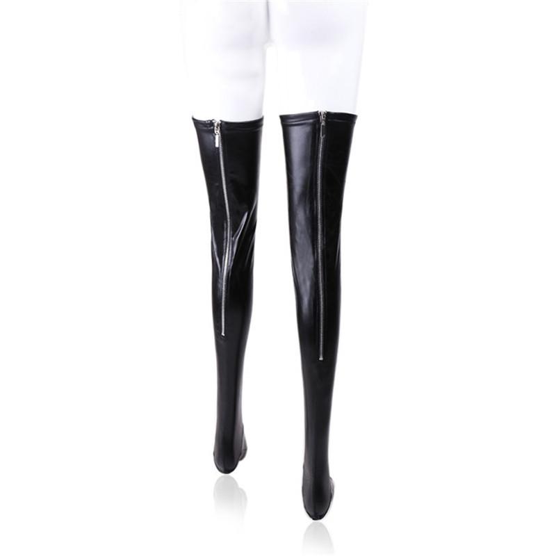 Women Sexy Latex Zipper Anti-Slip Stockings Lady's Black PVC Pole Dance Leather Erotic Clubwear Length Over Knee High Stockings