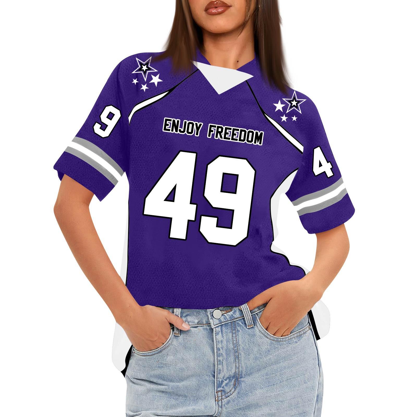 

Women s Oversized Short Sleeve Mesh Football Jerseys Shirt V Neck Graphic Top Tee M фіолетовий
