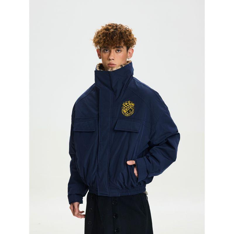 Cabbage Coke American Retro Stand-Up Collar Heavyweight Stand-Up Collar Winter Jacket with Fleece Lining and Thick Cotton Coat