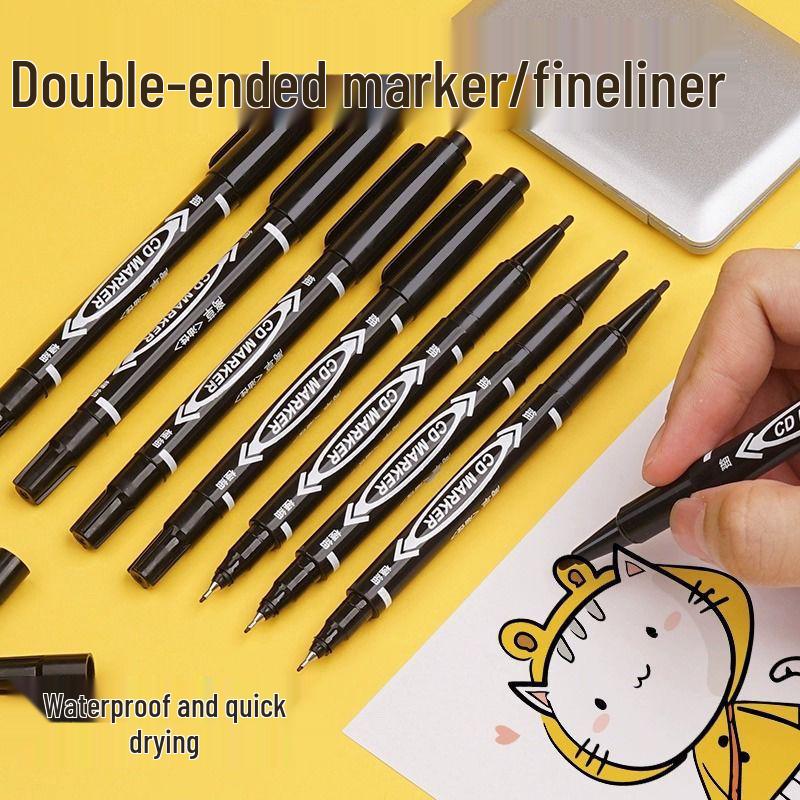 Pack of 10 [Newcomer 0.01] Dual-Tip Black Marker Pens: Fine & Broad, Oil-Based, Waterproof.