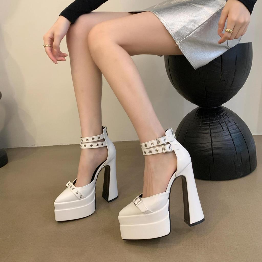Fashion 15cm Catwalk Belt Buckle Chunky Heel Pointed Hollow Sandals Super High Heel Waterproof Platform Sky-high Catwalk Heel Shoes