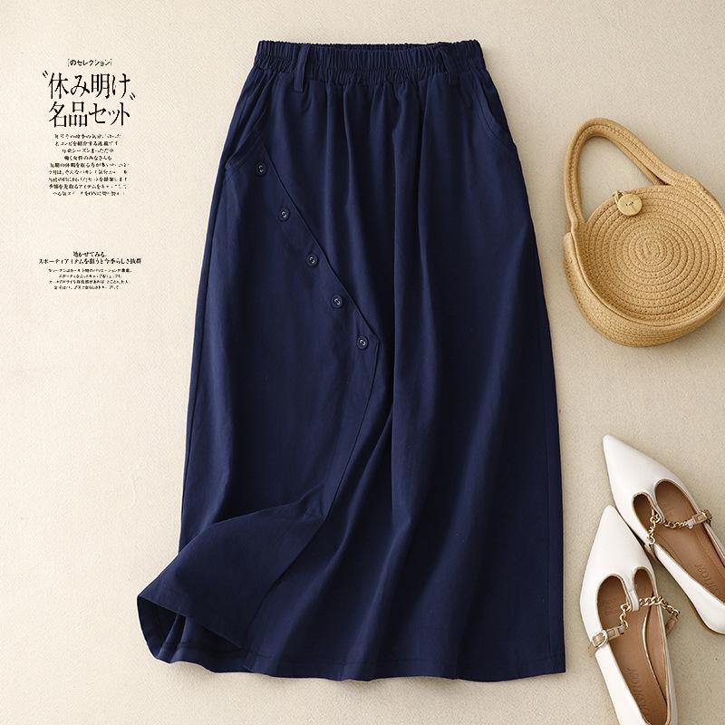 Real Shot Summer New Literary Loose Splicing Solid Color Cotton Elastic Waist Skirt Women's Medium and Long