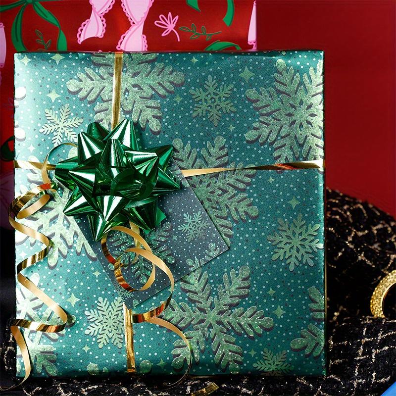 1 Roll Elegant Green & Golden Snowflake & Pine Leaf Wrapping Paper - Large Luxury Winter Gift Wrap Roll for Christmas