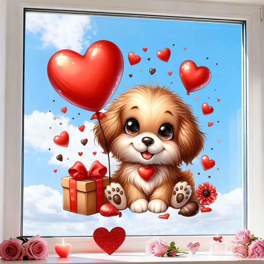 Dog Holding Flowers and Hearts Static Cling Window Stickers No Glue Needed for Bedroom Living Room Balcony Removable Reusable
