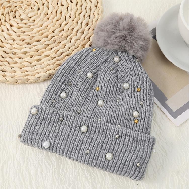 Solid Color Pearl Pompom Wool Hat Knitted Hat Beanie Hat Thicken Stretchable