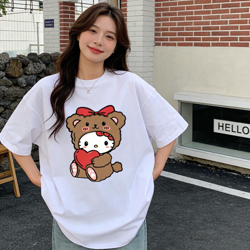 2026 Summer Hello Kitty Cartoon Printed Short Sleeve Pure Cotton Tshirt Womens Family Matching Outfits Classic Fashion Tee Top