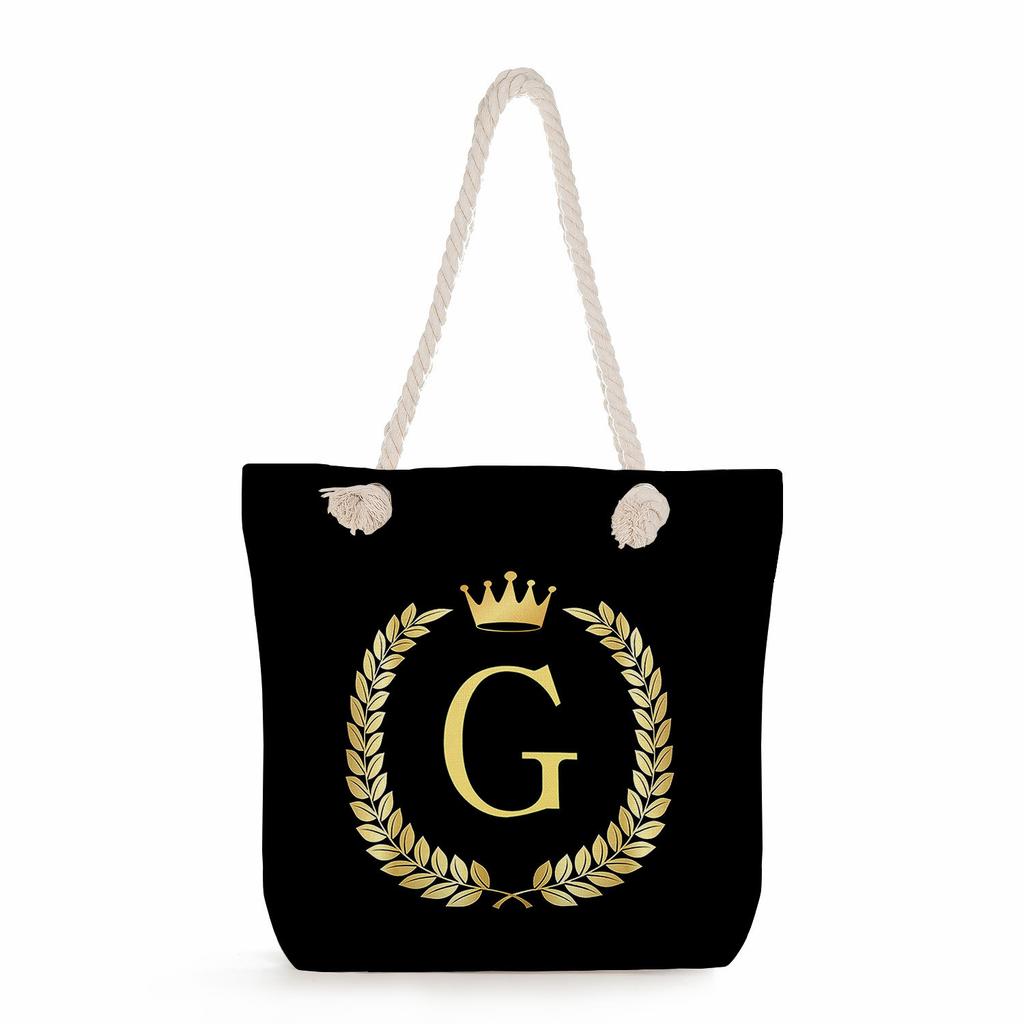 Black letters on a black background print thick rope single-shoulder beach bag 7289 CLE