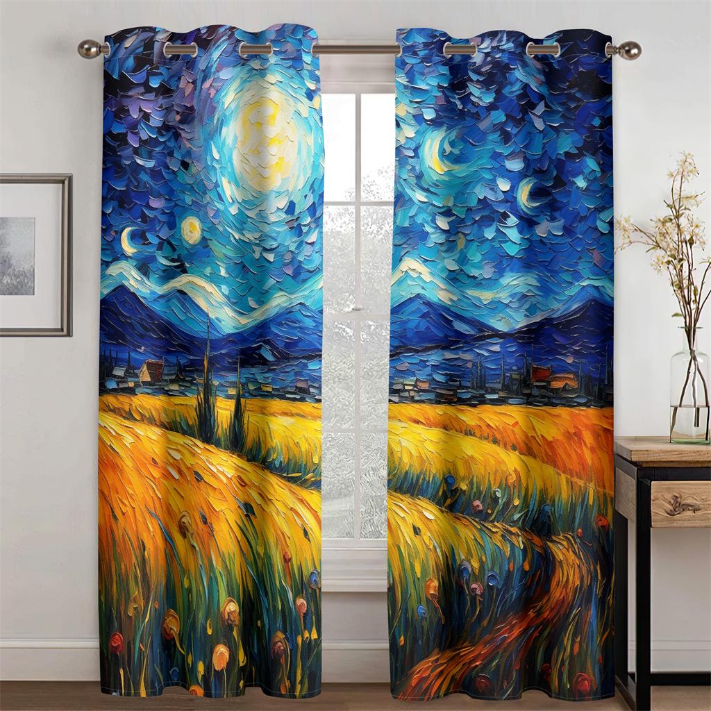 Pastoral Life Landscape Decorative Curtains Oil Painting Style 2 Piece Set Living Room Bedroom Office Window Decorative Curtains