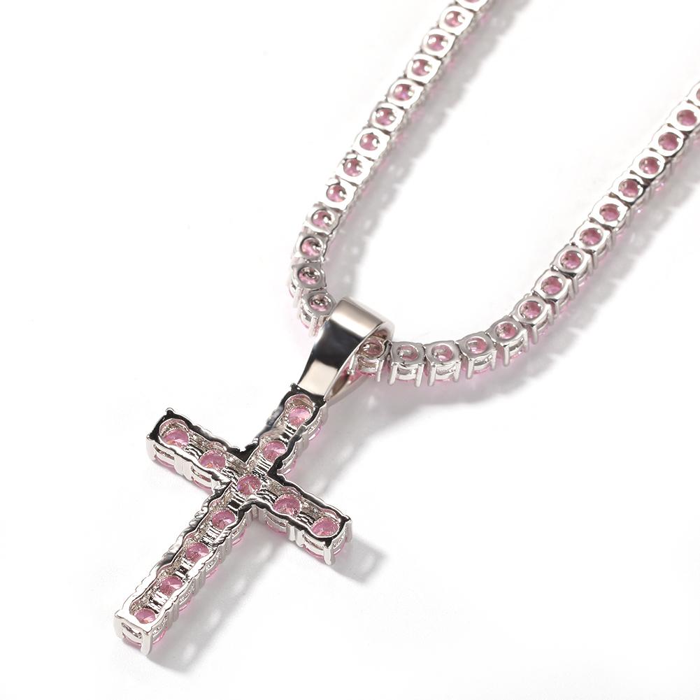 THE BLING KING Mode 4mm Rosa CZ Tennis Kette Mit Kreuz Anhänger Halskette Voll Eiskristall Zirkonia Damen Hiphop Schmuck Geschenk