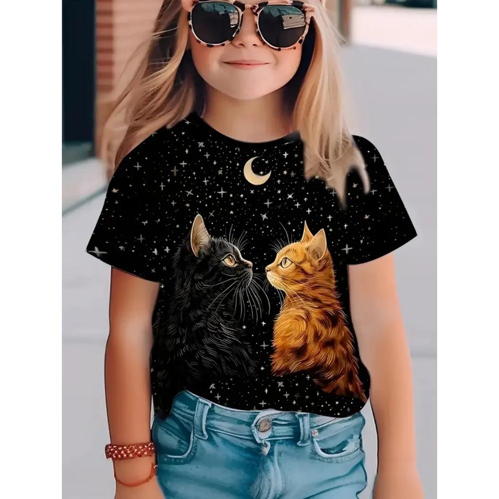 Girl Clothes Kawaii Cat Pattern Print Summer Short Sleeve Tops Casual Fashion T-Shirt Outdoor Lightweight Children's Clothing