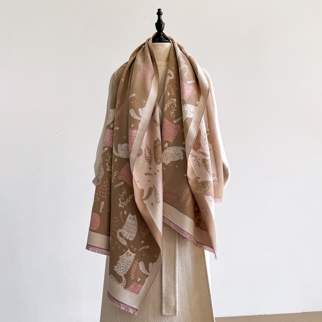 2025 Luxus Katzenprint Kaschmirschal Damen Winter Doppelseitig Dick Warm Weiblicher Schal Schal Pashmina Schals Hijab Stolen