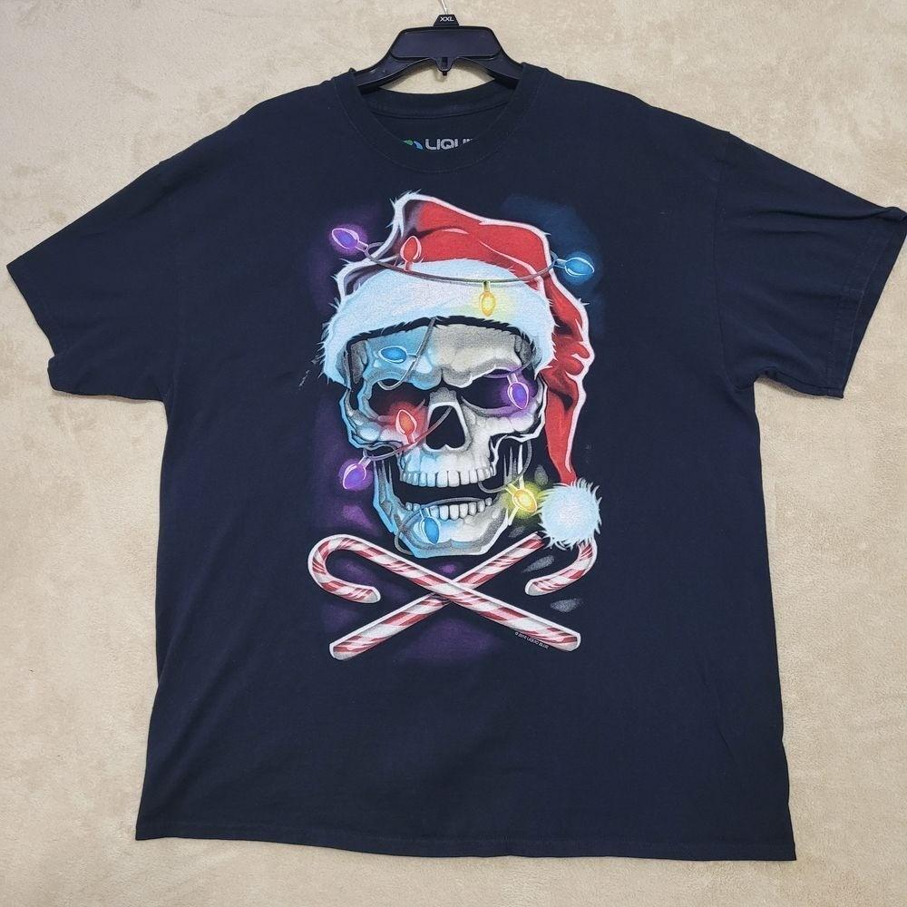 Liquid Blue Christmas Santa Skull T-Shirt Holiday Gothic Christmas Lights XL S разноцветный