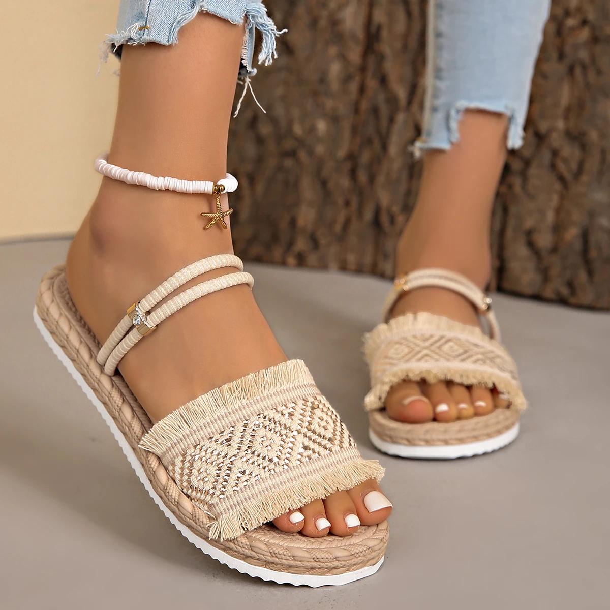 

Fashion Women Sandals Fashion Trend Tassel Shoelaces Non Slip Sandals Wear-resistant Comfortable Soft Soled Flat Heeled Shoes for Women 36