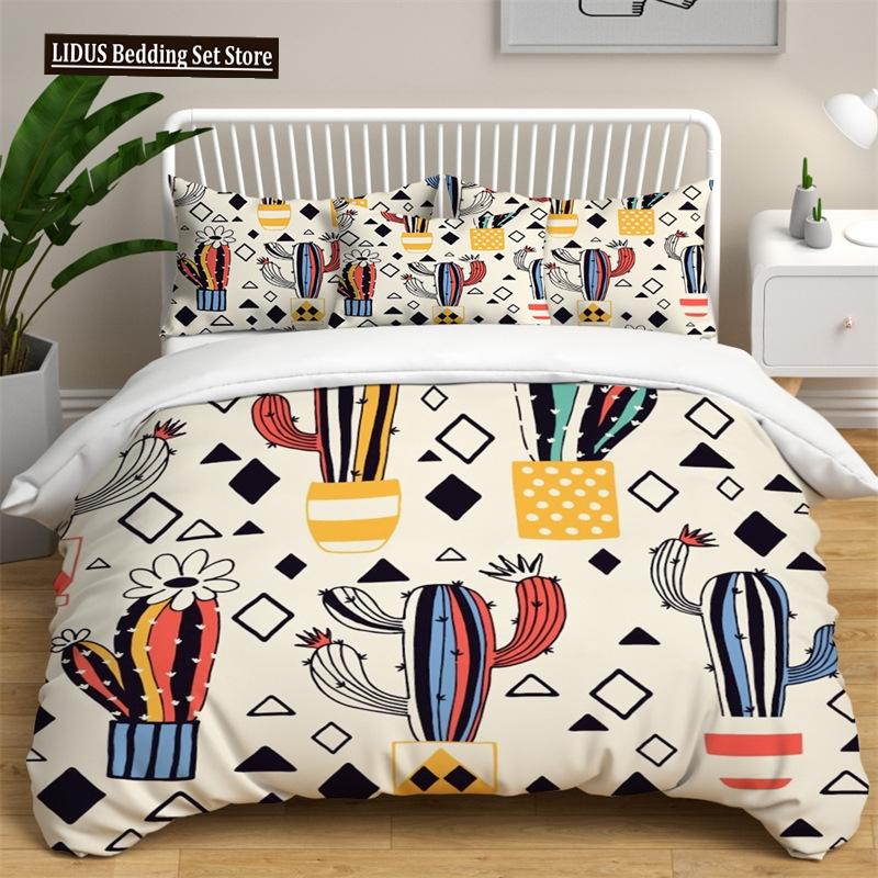 Green Cactus Potted Duvet Cover Set King Size Polyester Comforter Cover Cartoon Green Plant Cute Kawaii For Kid Boy Bedding Set
