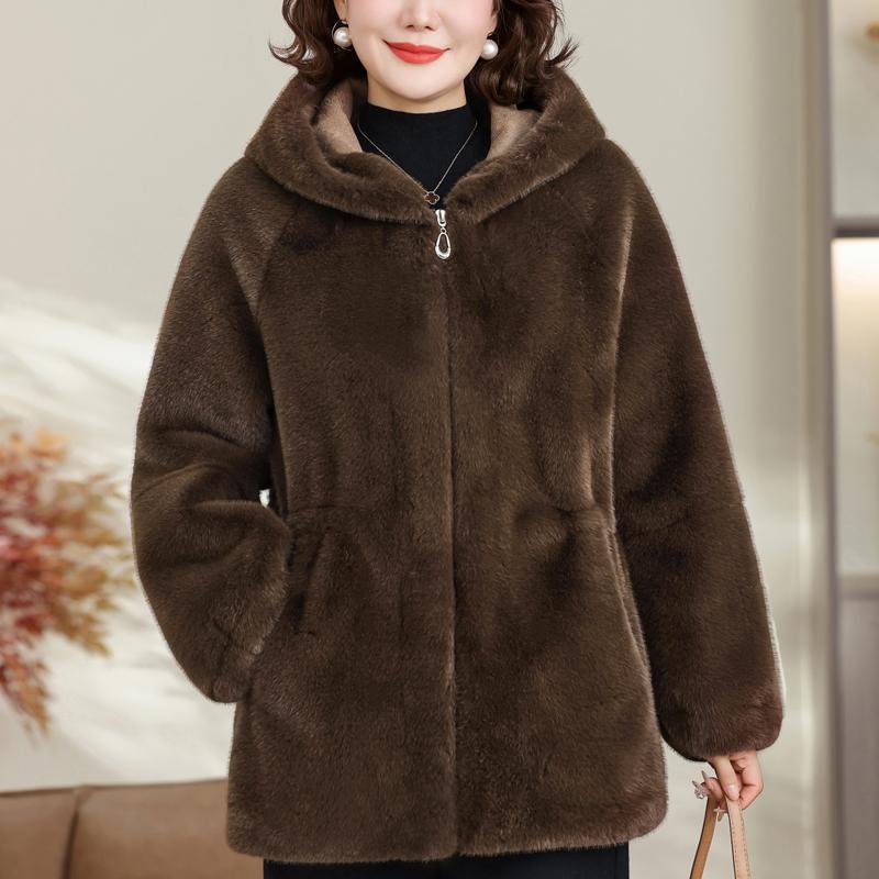 

Пальто из искусственного меха для женщин среднего возраста, зимняя верхняя одежда с капюшоном, элегантные толстые теплые меховые куртки для женщин, одежда 5XL коричневый