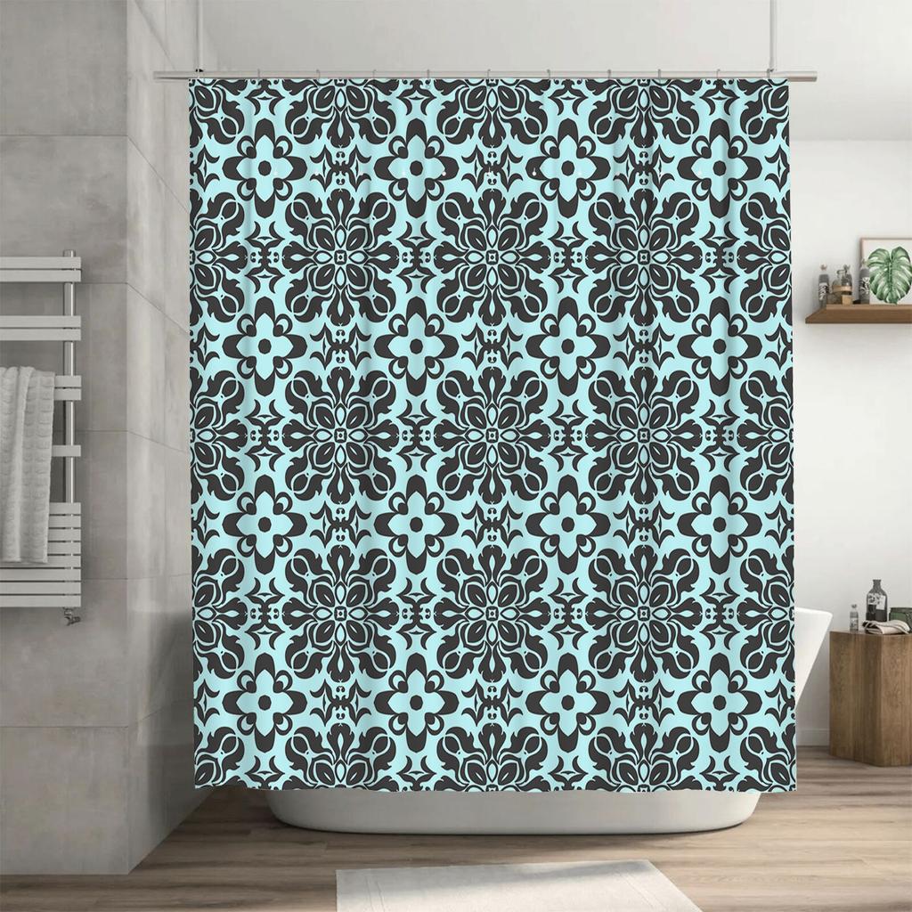 Vintage Damask Shower Curtain Luxury Blue Black Patterned Waterproof Fabric for Bathroom Decor