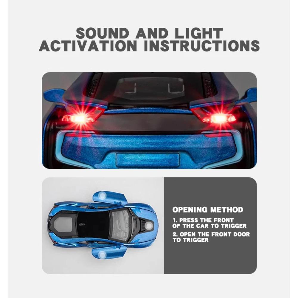 Miniaturas 1/32 BMW I8 Super Coche Deportivo Alta Simulación Diecast Aleación Modelo de Coche Sonido y Luz Retroceso Colección Juguete para Niños Regalo