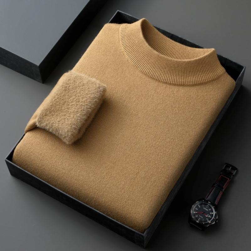 Autumn Winter Warm Mock Collar Sweaters for Men Solid Long-sleeve Fleece Knitted Sweaters Men Casual Thick Pullovers
