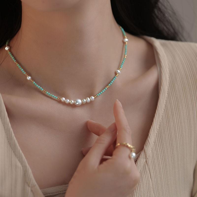Natürliche Süßwasserperle Türkis Perlen Anhänger Halskette Damen Zarte Kette Boho Chic Schmuck