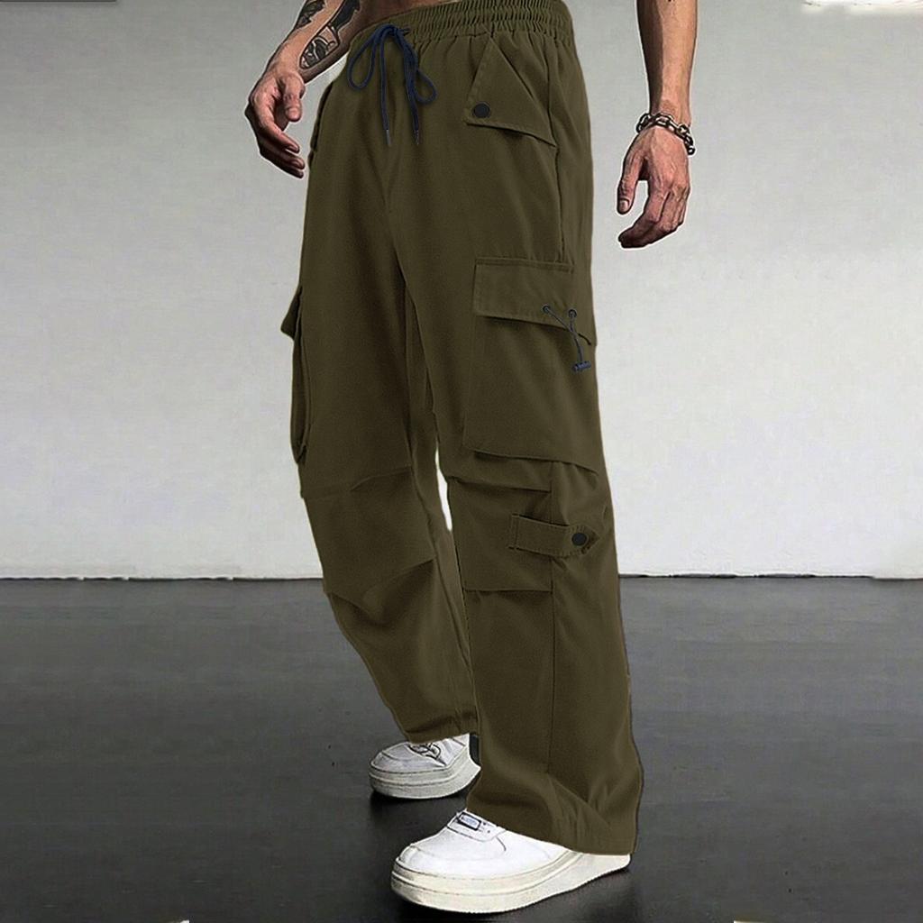 Men's Loose Casual Multi-pocket Work Pants, Youth Stretch Waist Drawstring  Pants