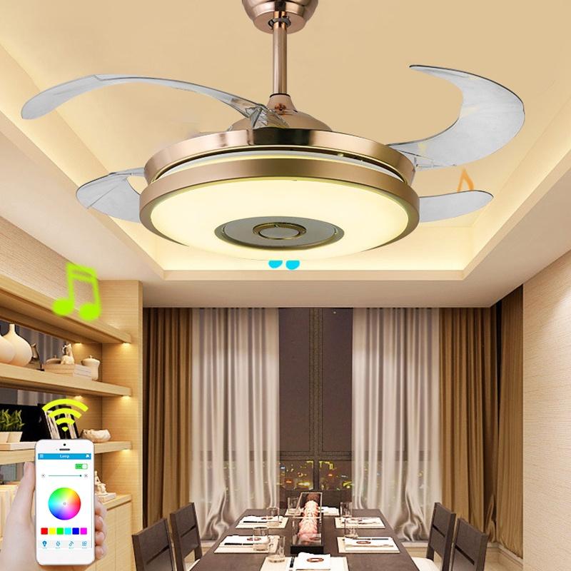 

42 дюйма 6 скоростей 4 лопасти складной вентилятор-лампа выдвижной RGB светодиодный невидимый золотой потолочный вентилятор свет с приложением пульт дистанционного управления подвесной светильник 4 в 1