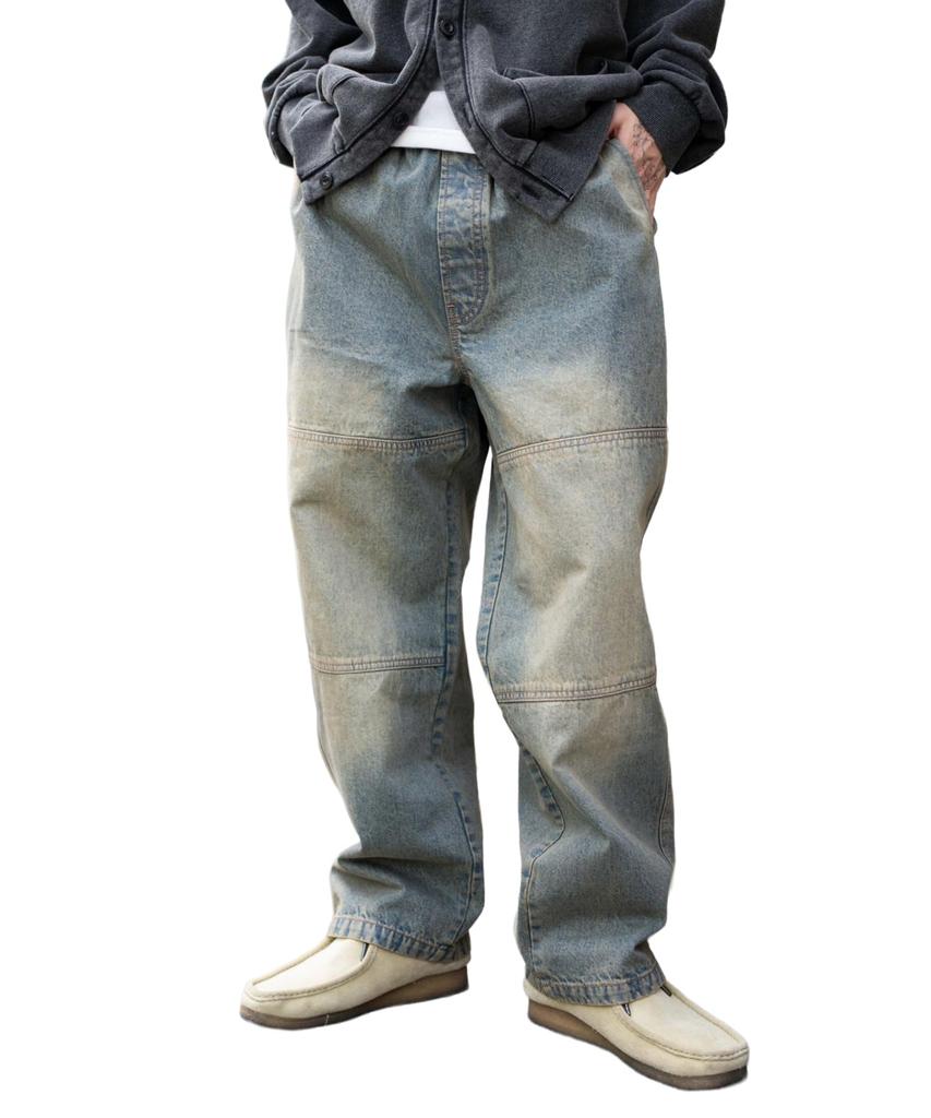 WEGO Double Knee Easy Vintage Size Lightly Denim Finish Men's Pants, Bottoms, Fall/Winter Clothing, Streetwear, Style, Gift, M,