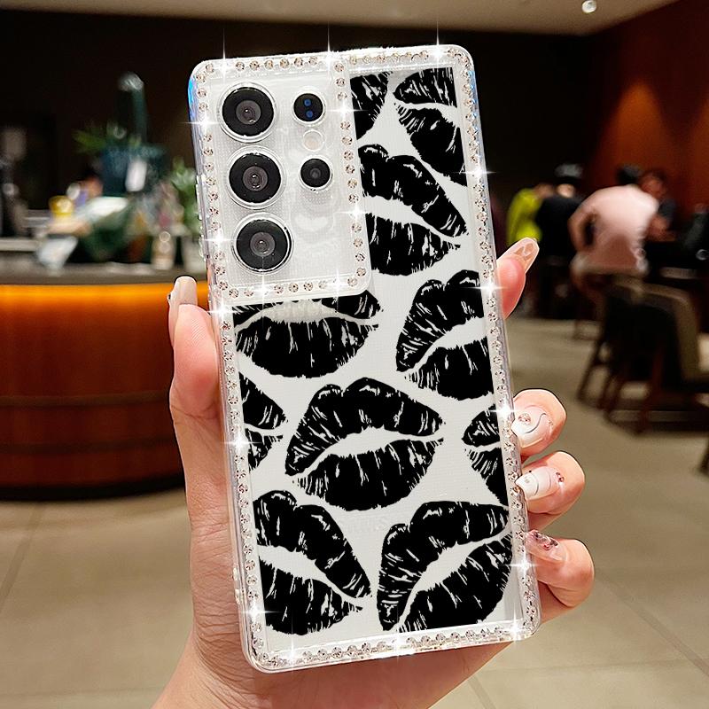 

Мягкий силиконовый чехол с принтом в виде губ и ромбовидной рамкой для Samsung S25 Edge S24 FE S23 Ultra S22 A16 A56 A36 A15 A55 A35, прозрачный противоударный чехол для телефона Samsung A52 / A52s