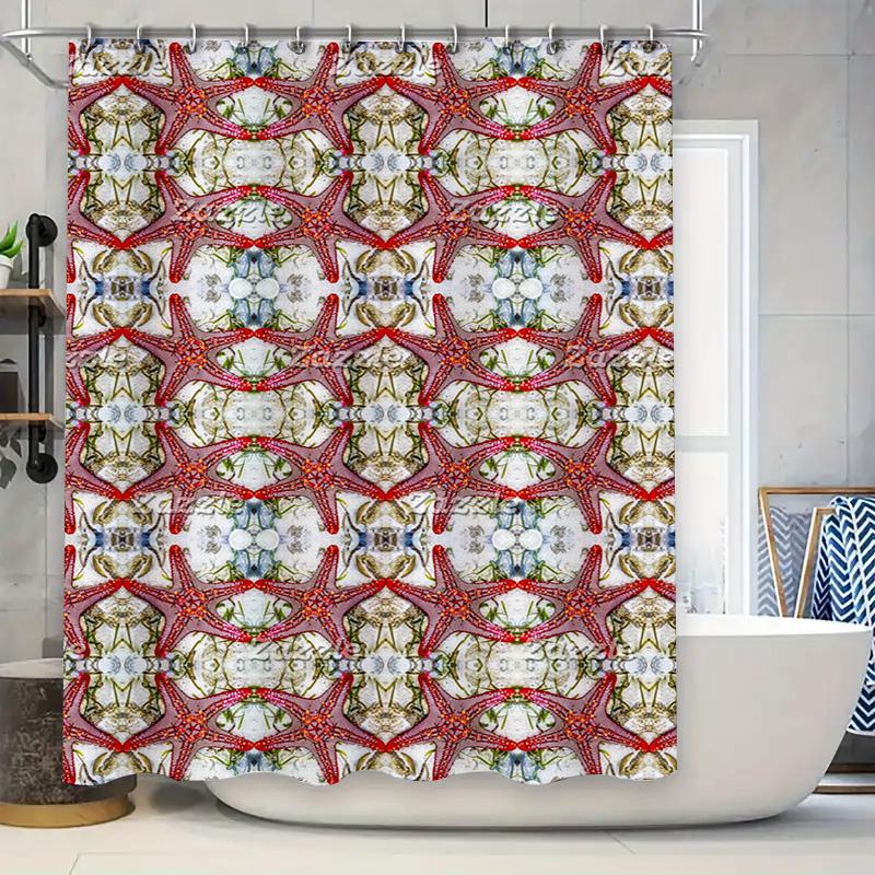 Home Decor Shower Curtain Red Floral Design with Symmetrical Pattern for Bathroom Decoration 3D Printing Waterproof Fabric Size: