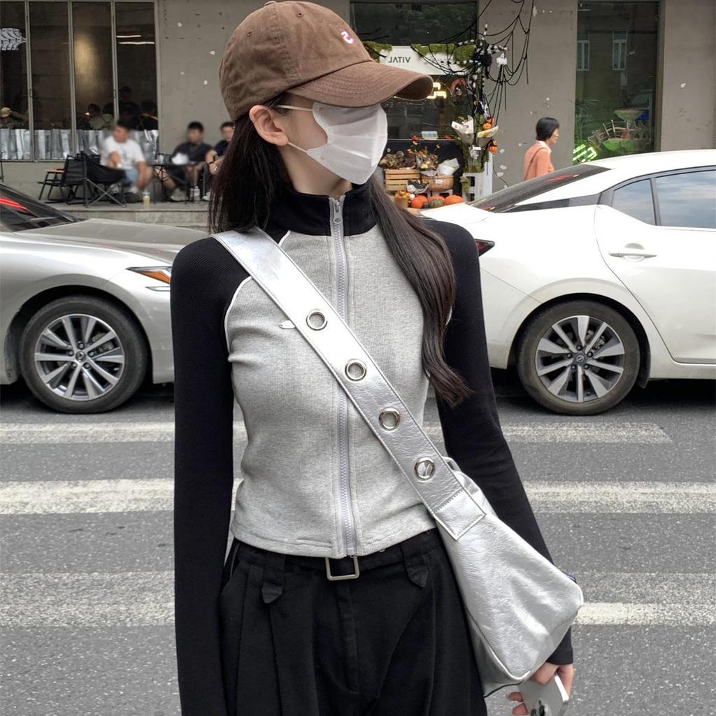 Women's Autumn Stand Collar Color Block Patchwork Long Sleeve Slim Fit Top - Sweet & Stylish.