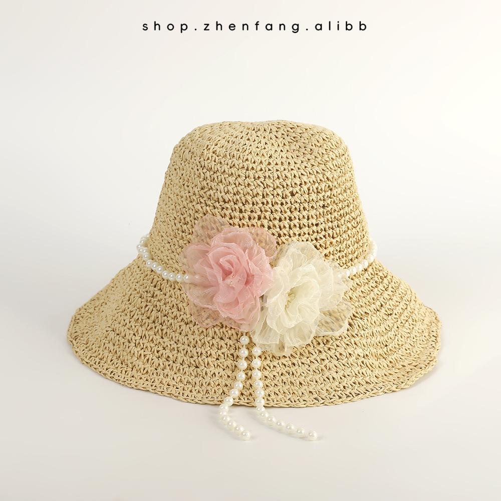Pearl straw hat summer travel sunscreen sunshade bucket hat new straw seaside vacation net red hat