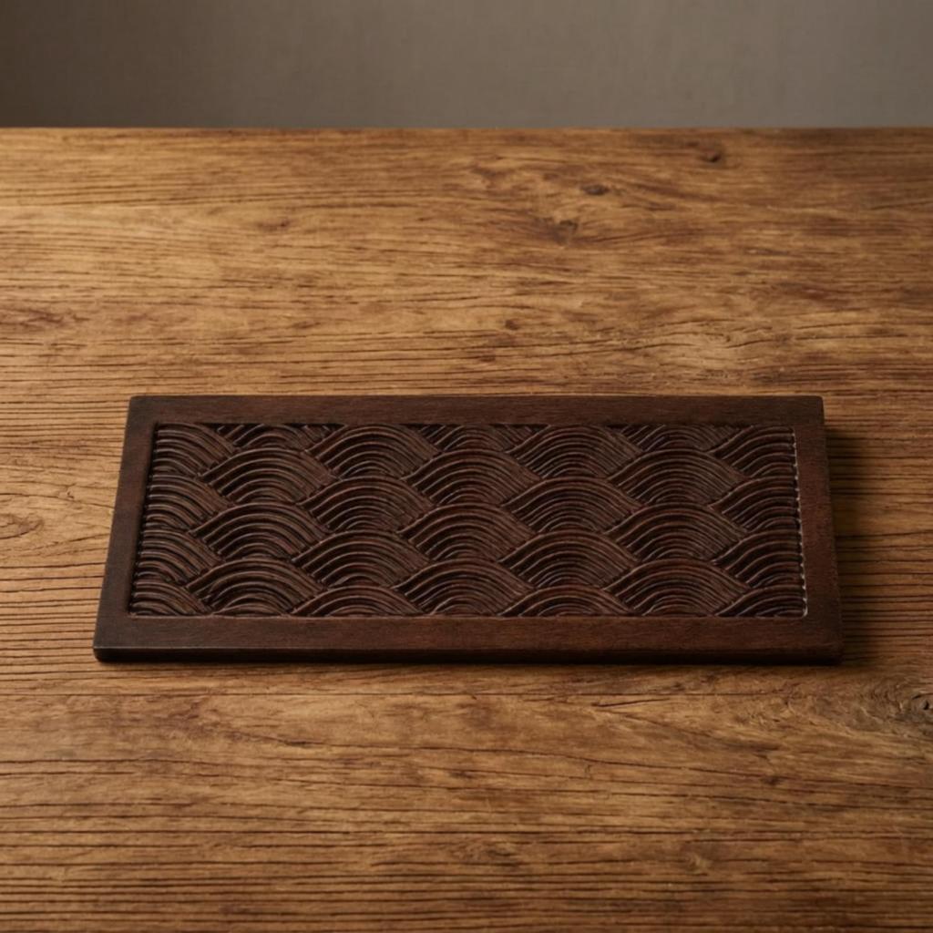African Cedar Wood Serving Tray Rounded Edges Carved Wave-Pattern Textured
