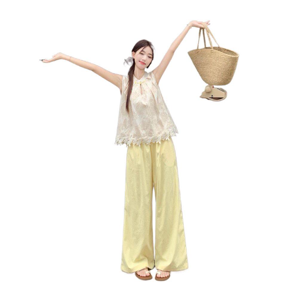 Women's Ethnic-Style Frog Button Crochet Top & Wide-Leg Pants Set - Summer 2026 Retro Fashion