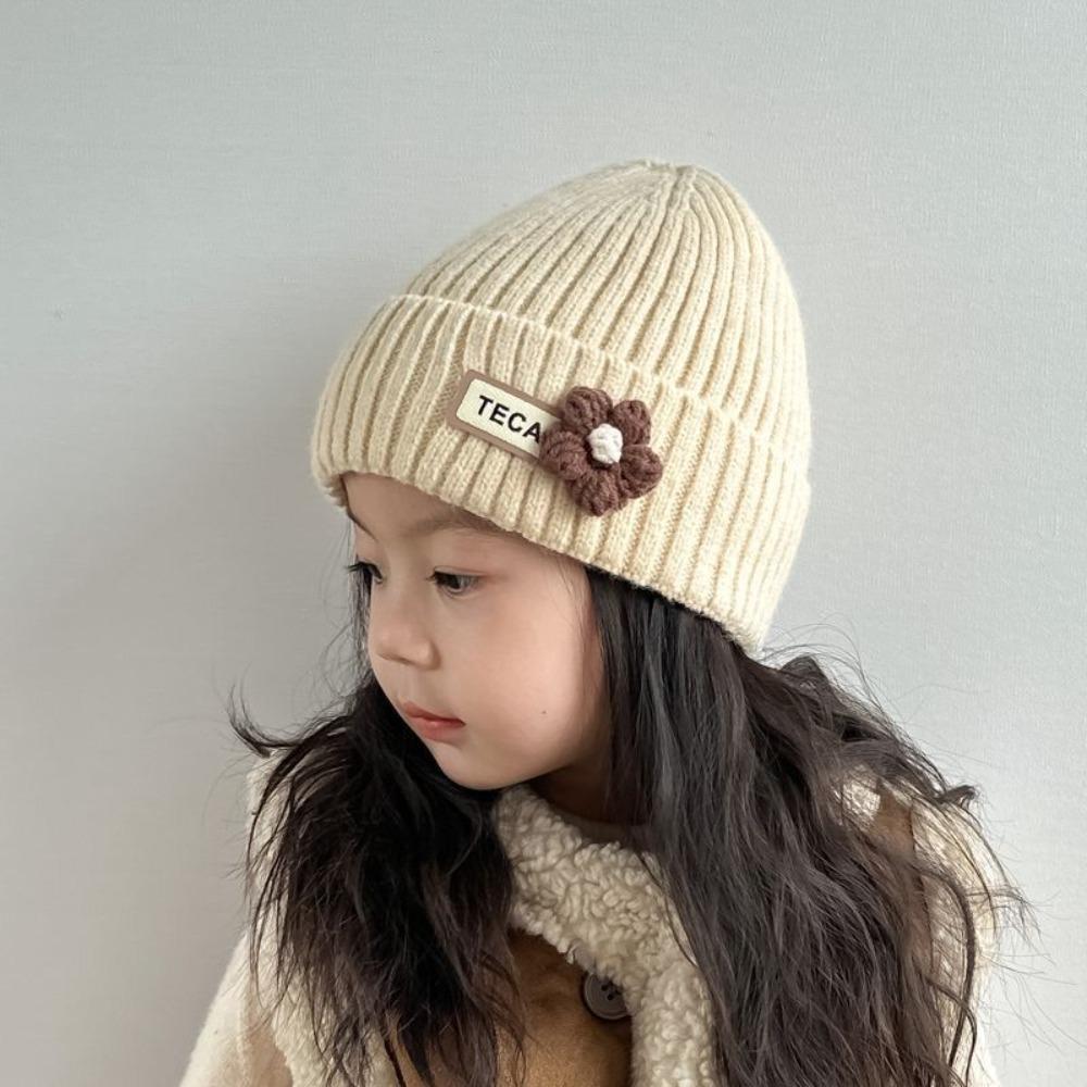 

Cute Flower Baby Beanie Hat Solid Color Ear Protection Hats Warm Pullover Cap Toddler бежевый