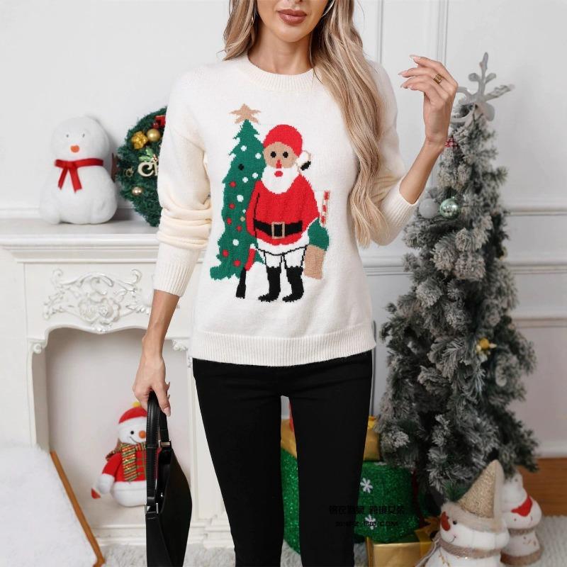 Świąteczny Sweter Dzianinowy Pulower Okrągły Dekolt Casualowy Żakardowy Sweter Świąteczny i Noworoczny Top