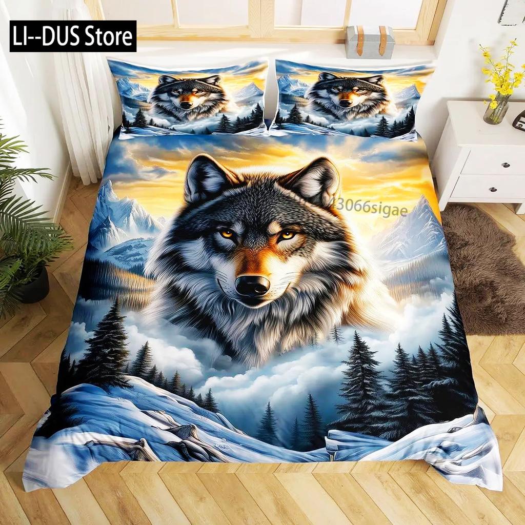 Wolf Bettbezug Einzelbett King Size, Heulende Wölfe Wildtier Bettwäsche Set Aurora Tiere Galaxie Druck Deckenbezug Für Kinder Jungen