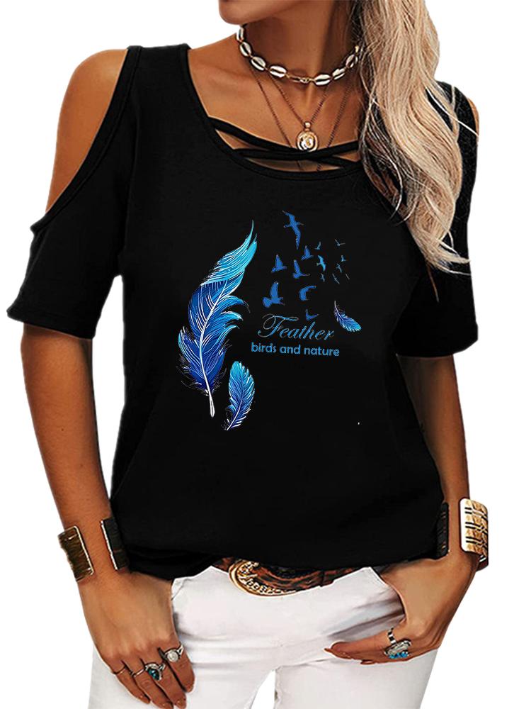 

Women Fashion Short Sleeve T-shirt Casual Round Collar Summer Print Off Shoulder Top 5Xl чорний