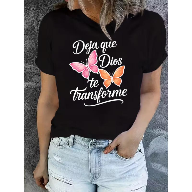 

European Size Women s Spanish-Christian Blouse, Featuring the Spanish Phrase Let Me Change and a Butterfly Print,Round-neck, Casual Attire 4XL
