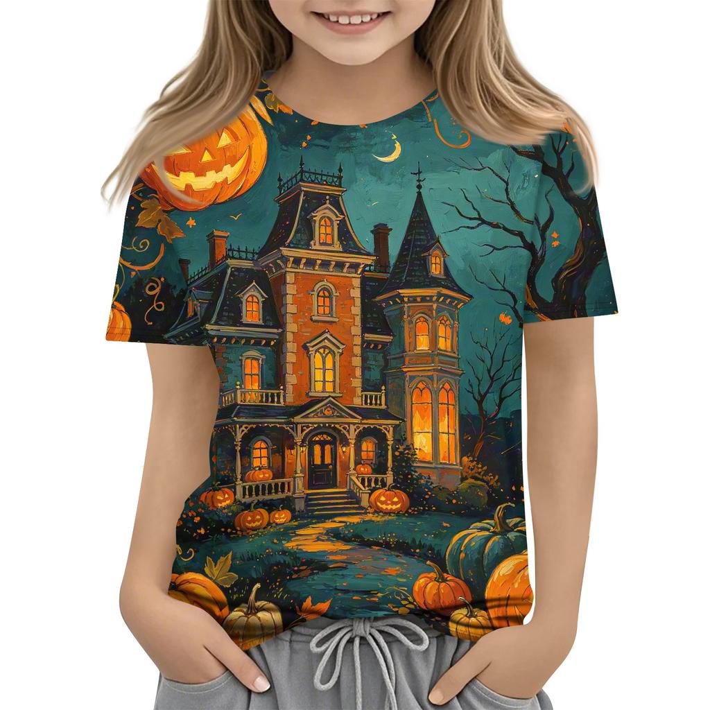 Kids Halloween Short Sleeve Shirt Ghost Skeleton Pumpkin Print Boys Girls Tee Casual Comfortable Fit Lightweight Fabric