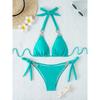 2-teiliges Strass-verziertes Dreieck-Bikini-Set Kettenglied-Neckholder-Bindeband, Funkelnder blauer Glitzer, Badeanzug für Karneval, Musikfestival,