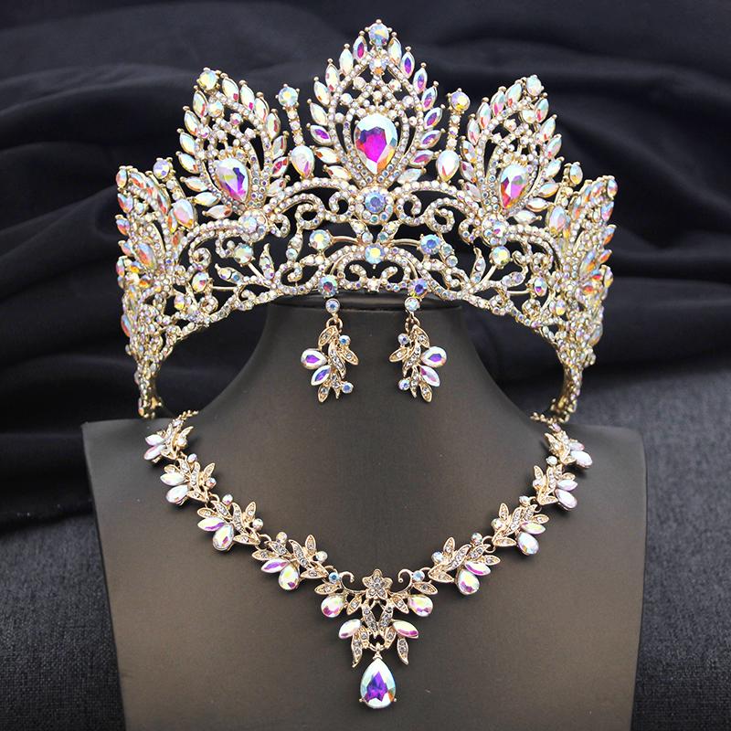 Luxury Green Crown Bridal Jewelry Sets for Women Tiaras and Necklace Earrings Bride Jewelry Set Wedding Costume accessories