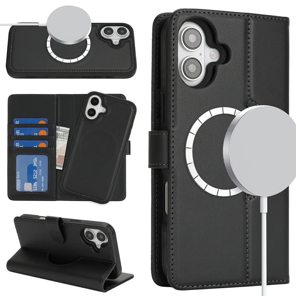 For iPhone 16 Plus Wallet Case Compatible with MagSafe Anti-Drop Detachable PU Leather Phone Cover