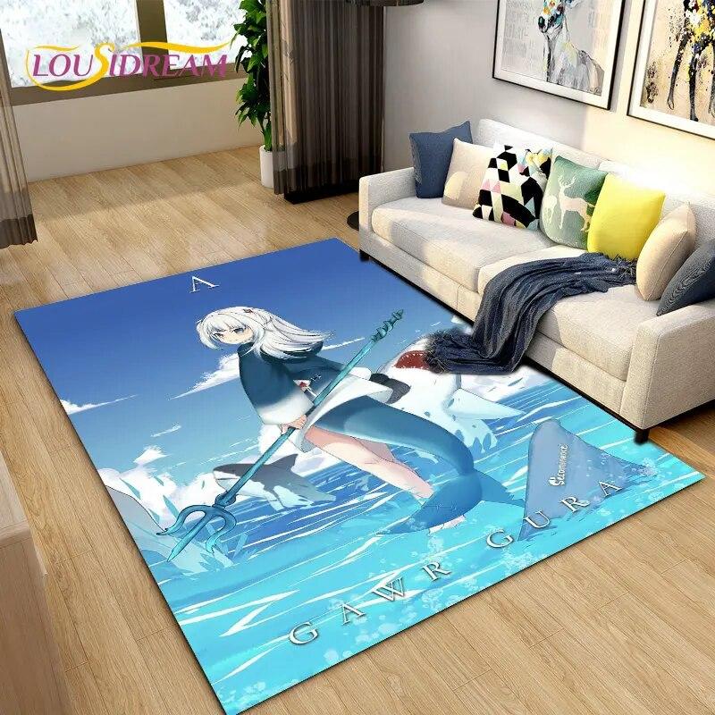 Cute Anime Gawr Gura Hololive Shark Area Rug,Carpet Rug for Living Room Bedroom Sofa Doormat Decoration, Kids Non-slip Floor Mat