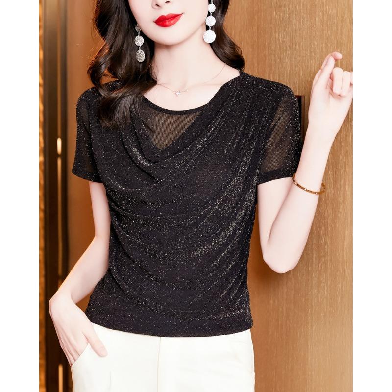 Summer New Fashion Versatile Swing Collar Bright Silk Short-sleeved Mesh Slim Fit T-shirt for Women