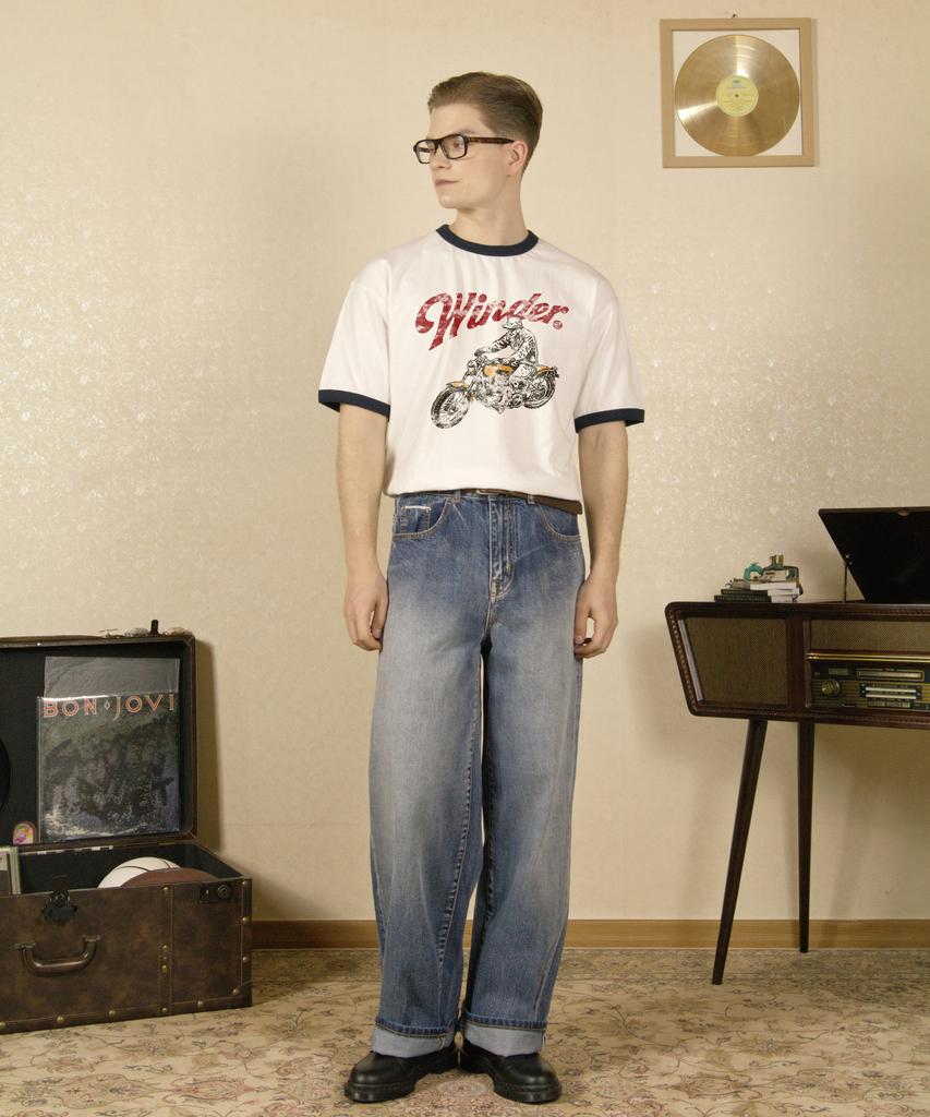 VINWUED Winder Motor Club Ivory/Navy Semi-Overfit Ringer T-Shirt