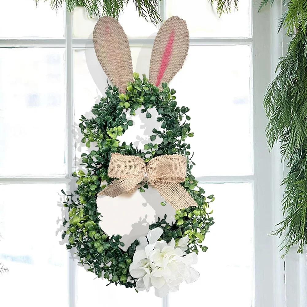Seasonal Easter Bunny Wreath Spring Home Decor Artificial Greenery Hanging For Front Door 45cm TPE Plastic Ribbon